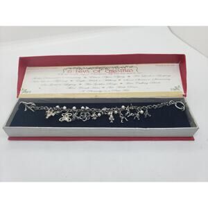 12 Days Of Christmas Holiday 12 Charm Bracelet Silver Plate Faux Pearls Gift Box